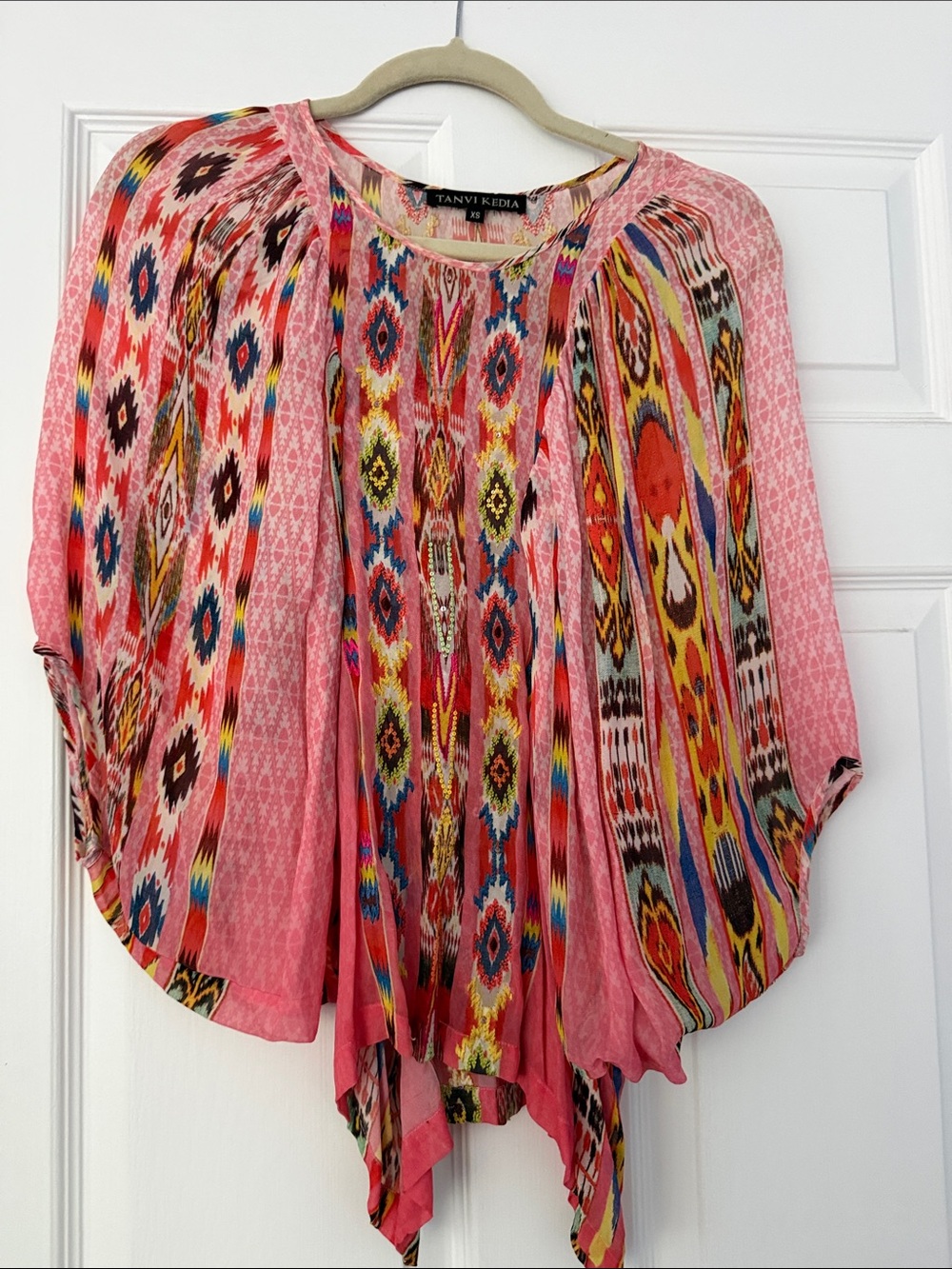 Anthropologie Pink Multicolor Printed Boho Tunic Top with embroidery and beading